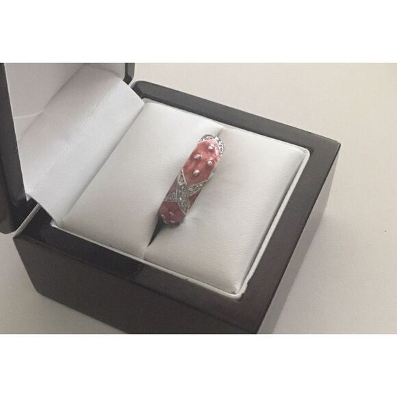 Silver Pink Enamel & CZ "X" Stack Band Ring Sz 8 - Picture 3 of 4